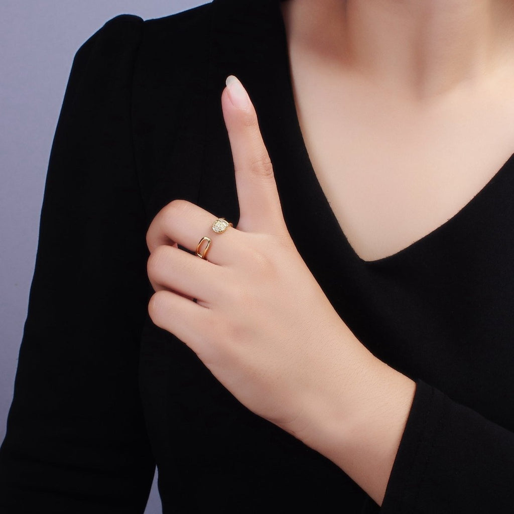 14K Gold plated Clear Baguette Micro Paved CZ Rounded Wrap Open Double Band Ring | O1165 - DLUXCA