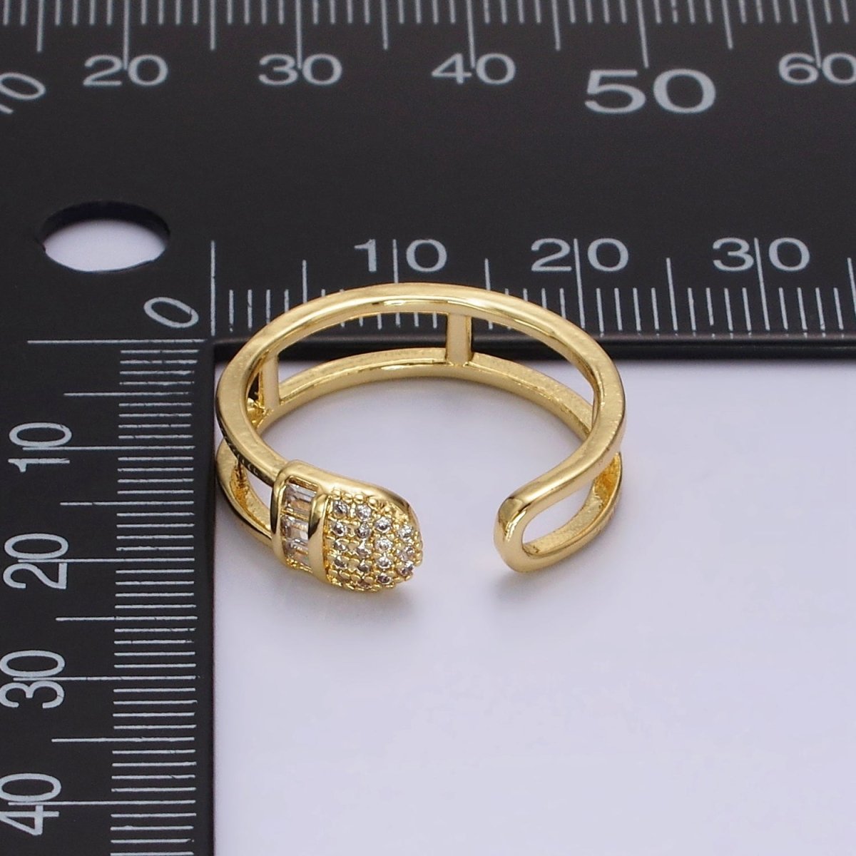 14K Gold plated Clear Baguette Micro Paved CZ Rounded Wrap Open Double Band Ring | O1165 - DLUXCA