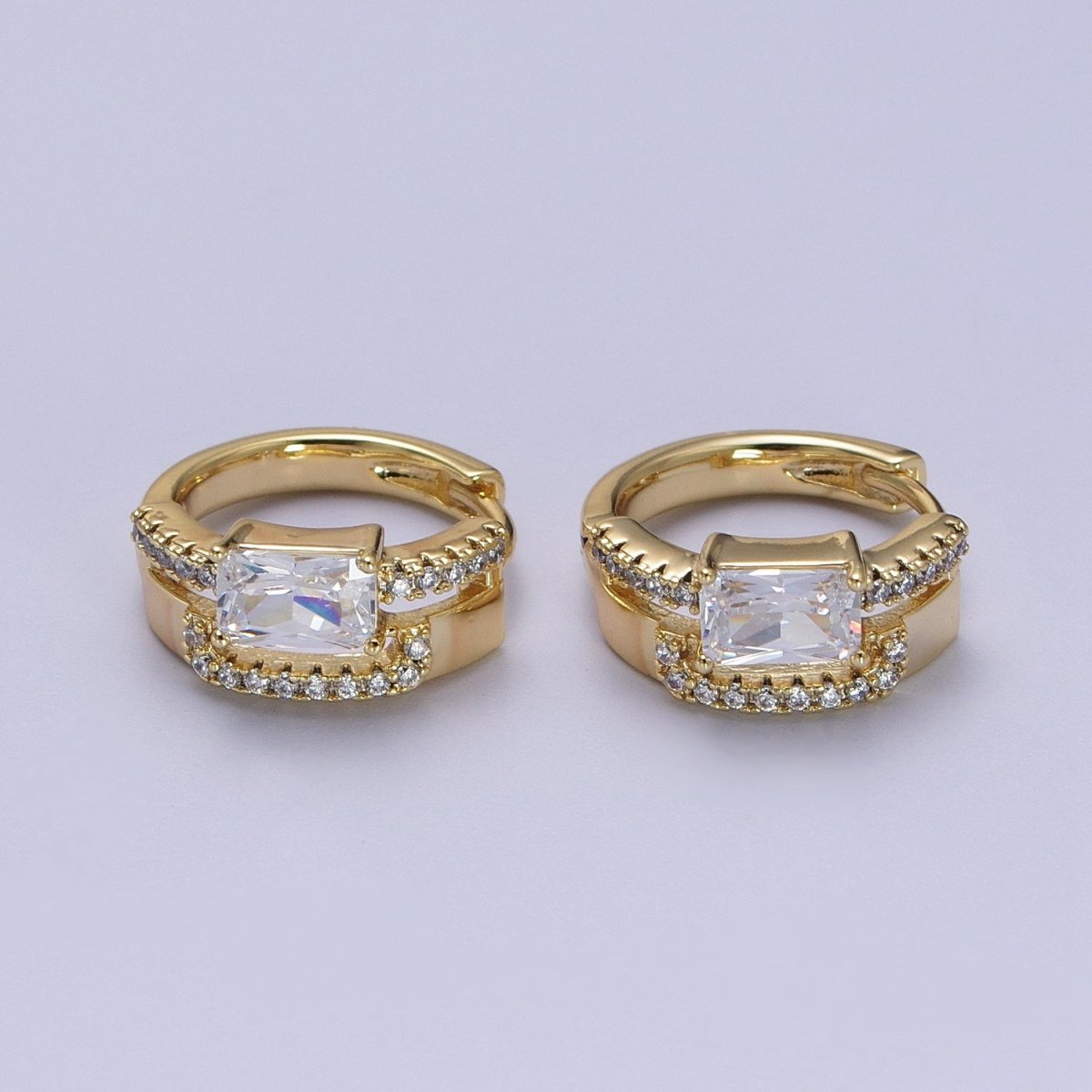 14K Gold plated Clear Baguette Micro Paved Double Band Huggie Earrings | V-026 - DLUXCA
