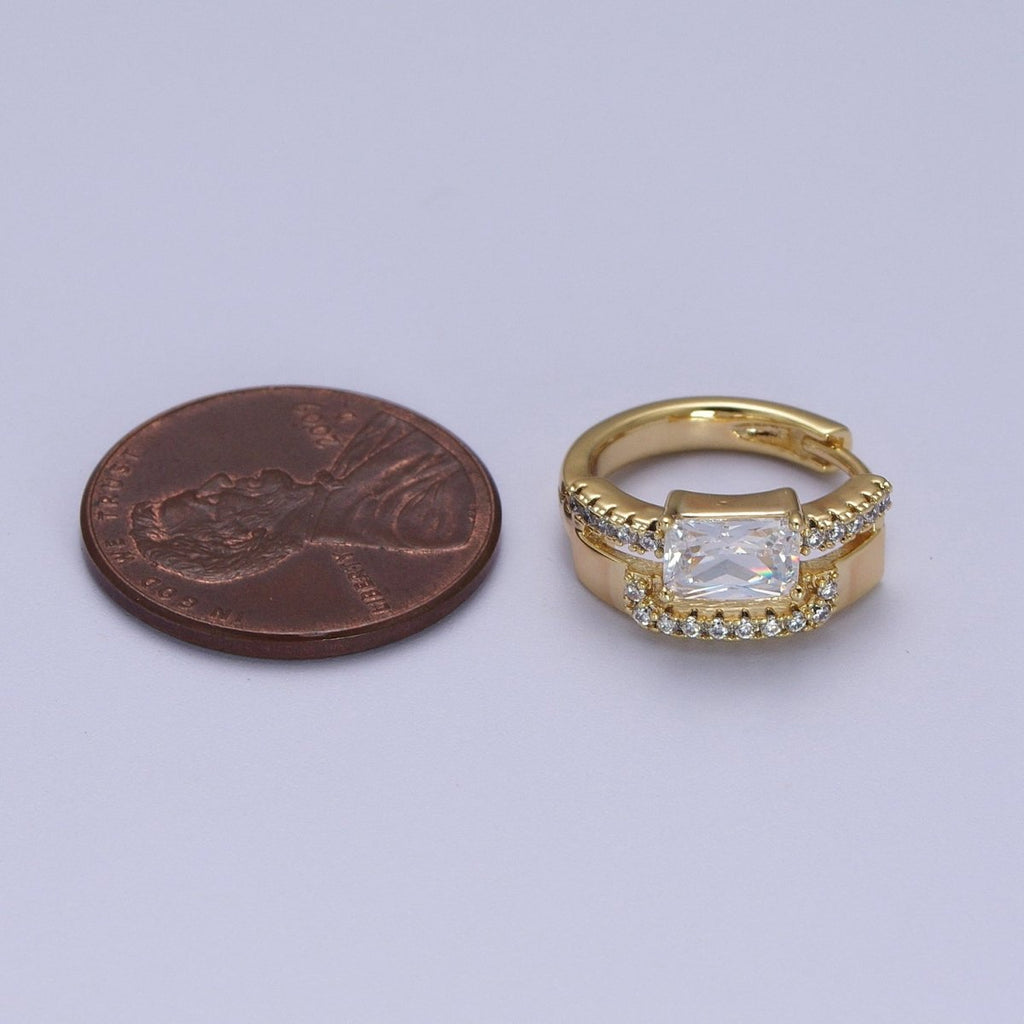 14K Gold plated Clear Baguette Micro Paved Double Band Huggie Earrings | V-026 - DLUXCA
