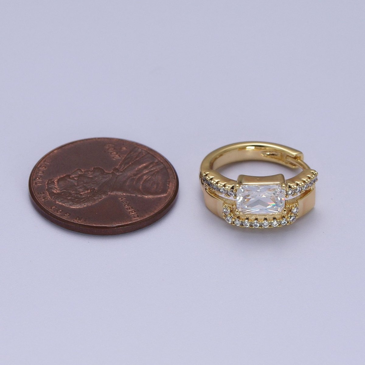 14K Gold plated Clear Baguette Micro Paved Double Band Huggie Earrings | V-026 - DLUXCA