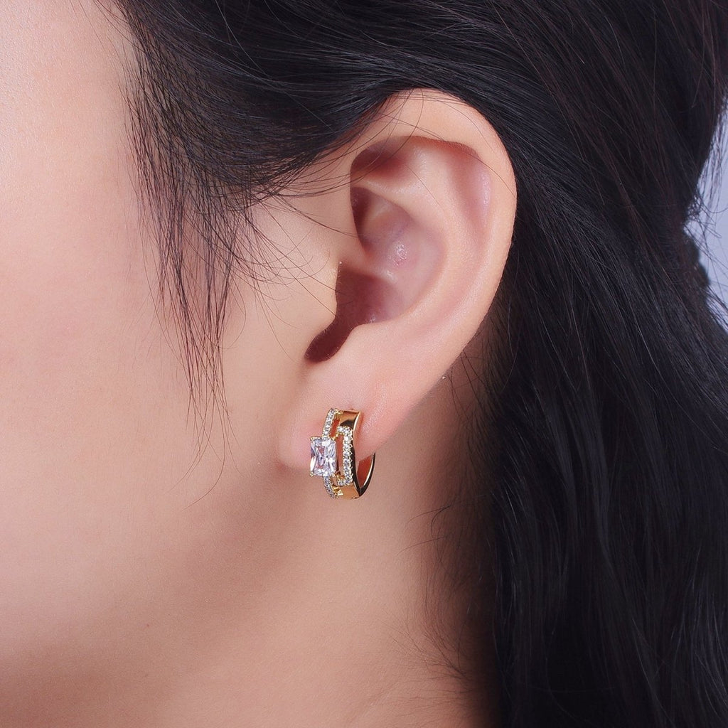 14K Gold plated Clear Baguette Micro Paved Double Band Huggie Earrings | V-026 - DLUXCA
