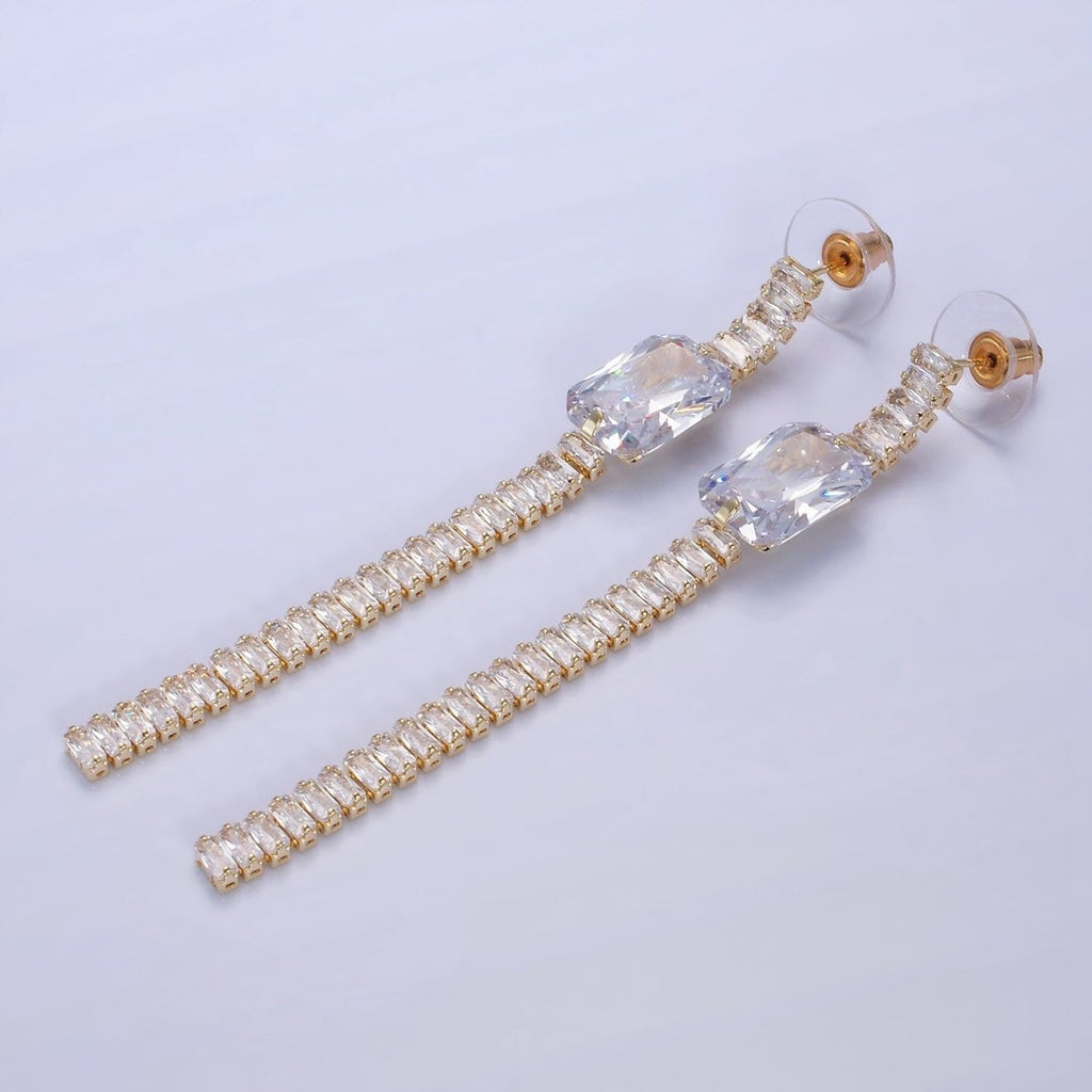 14K Gold plated Clear Baguette Tennis Chain Drop Stud Earrings in Gold & Silver | AE509 AE510 - DLUXCA