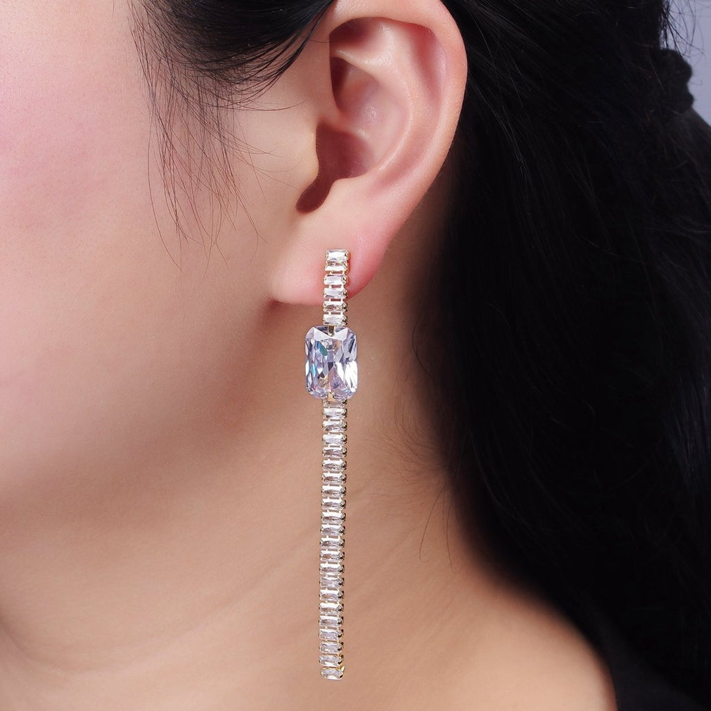 14K Gold plated Clear Baguette Tennis Chain Drop Stud Earrings in Gold & Silver | AE509 AE510 - DLUXCA
