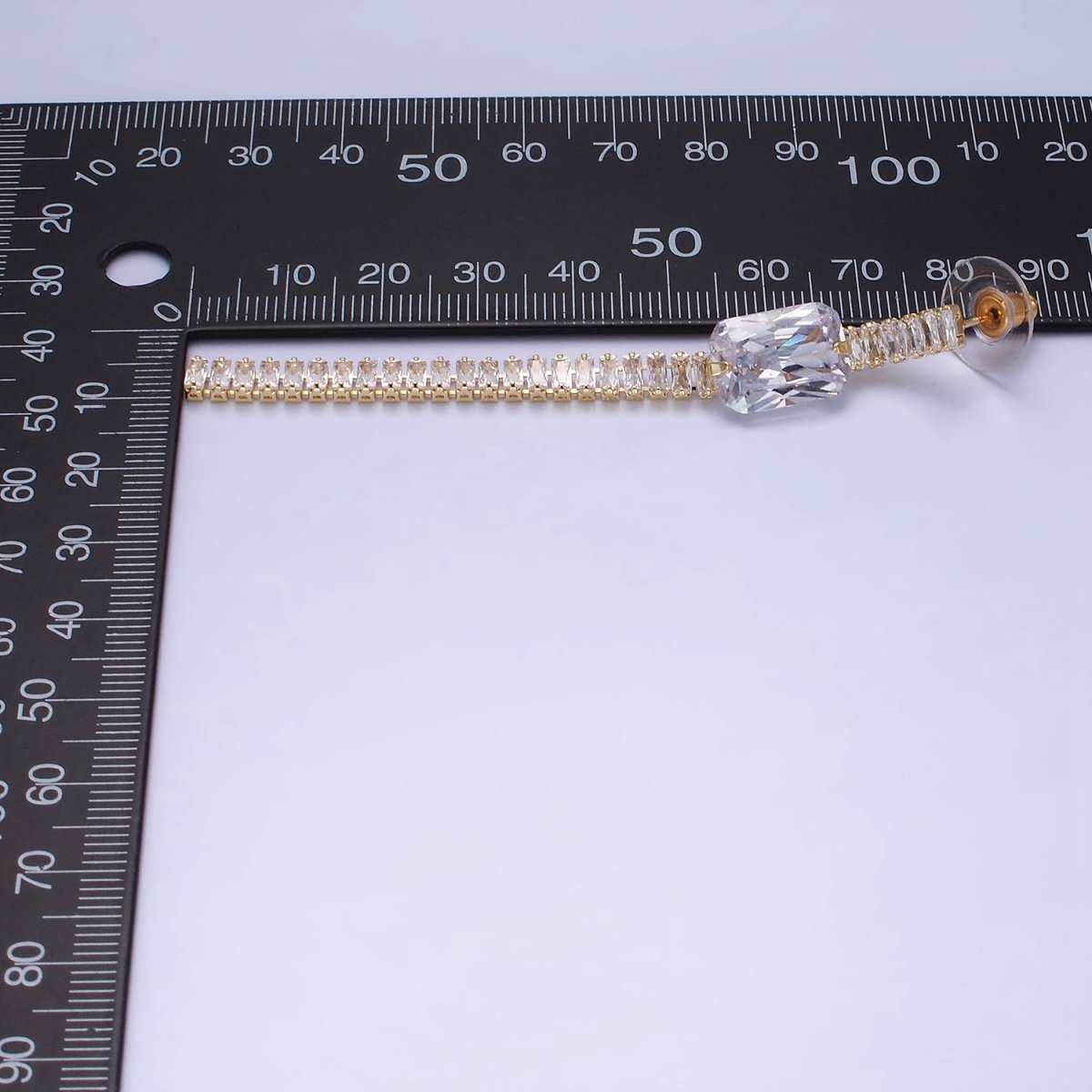 14K Gold plated Clear Baguette Tennis Chain Drop Stud Earrings in Gold & Silver | AE509 AE510 - DLUXCA