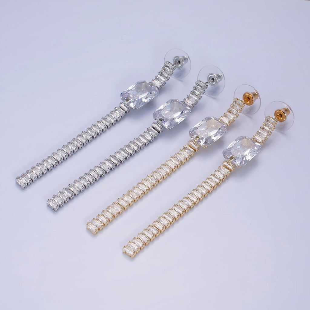 14K Gold plated Clear Baguette Tennis Chain Drop Stud Earrings in Gold & Silver | AE509 AE510 - DLUXCA