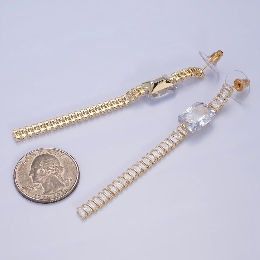 14K Gold plated Clear Baguette Tennis Chain Drop Stud Earrings in Gold & Silver | AE509 AE510 - DLUXCA