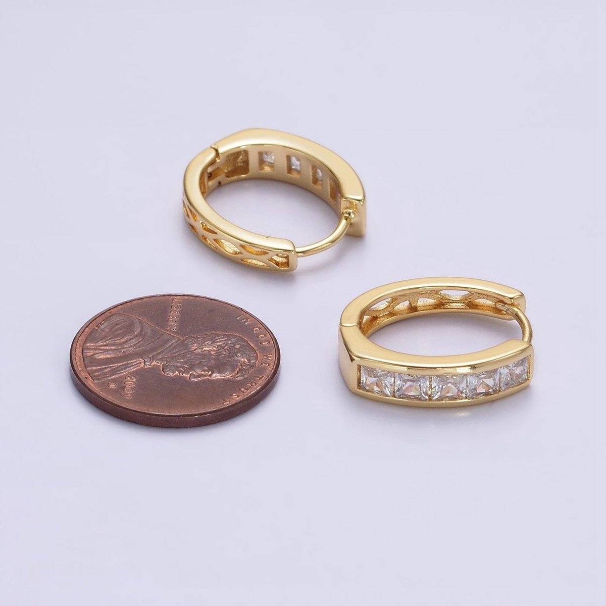 14K Gold plated Clear, Black Square Baguette CZ Lined Oval Huggie | AE630 AE631 - DLUXCA