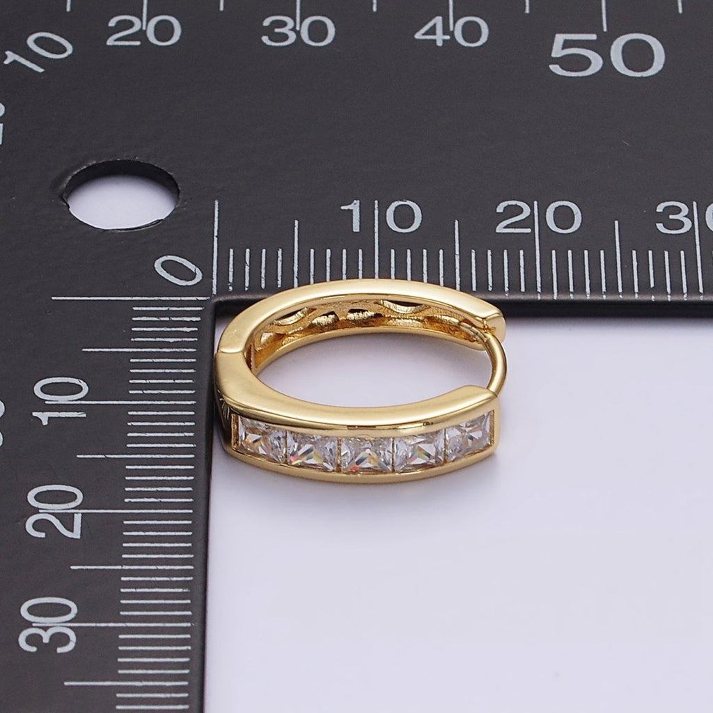 14K Gold plated Clear, Black Square Baguette CZ Lined Oval Huggie | AE630 AE631 - DLUXCA