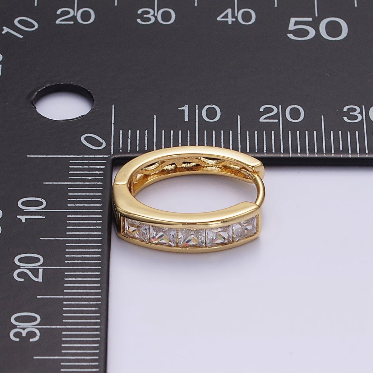 14K Gold plated Clear, Black Square Baguette CZ Lined Oval Huggie | AE630 AE631 - DLUXCA