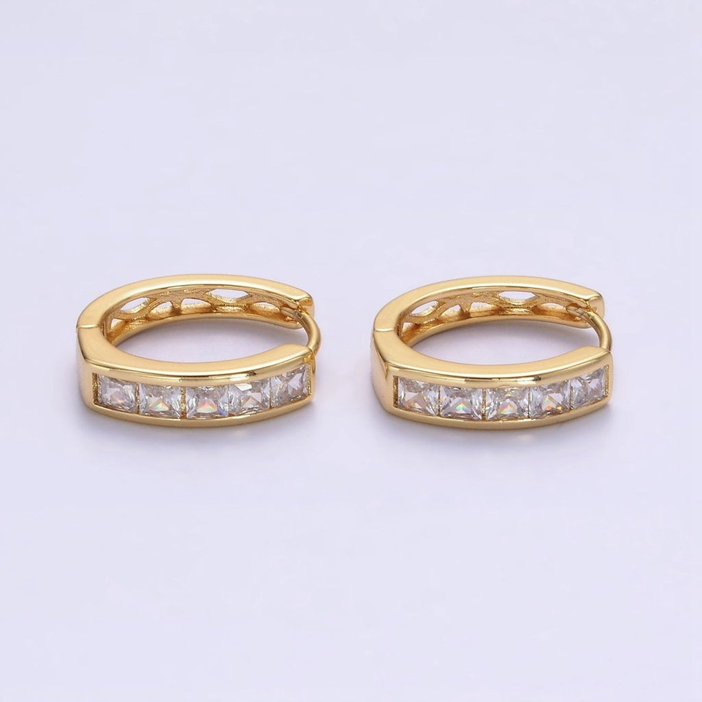 14K Gold plated Clear, Black Square Baguette CZ Lined Oval Huggie | AE630 AE631 - DLUXCA