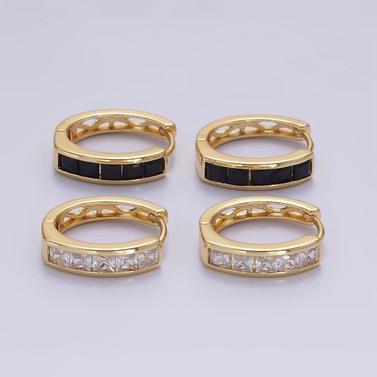 14K Gold plated Clear, Black Square Baguette CZ Lined Oval Huggie | AE630 AE631 - DLUXCA