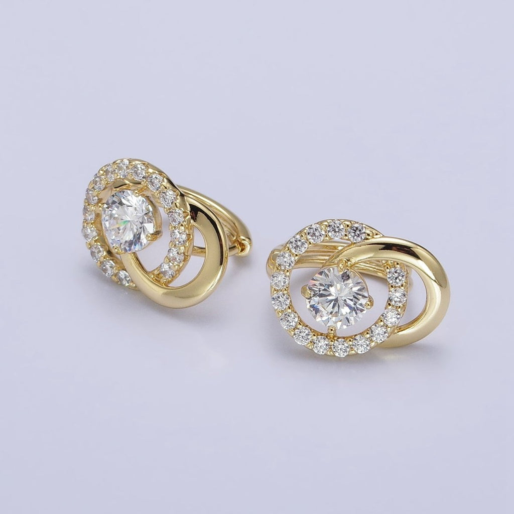 14K Gold plated Clear, Blue CZ Double Round Micro Paved Geometric Huggie Earrings | AD1459 AD1460