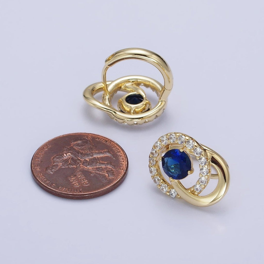 14K Gold plated Clear, Blue CZ Double Round Micro Paved Geometric Huggie Earrings | AD1459 AD1460