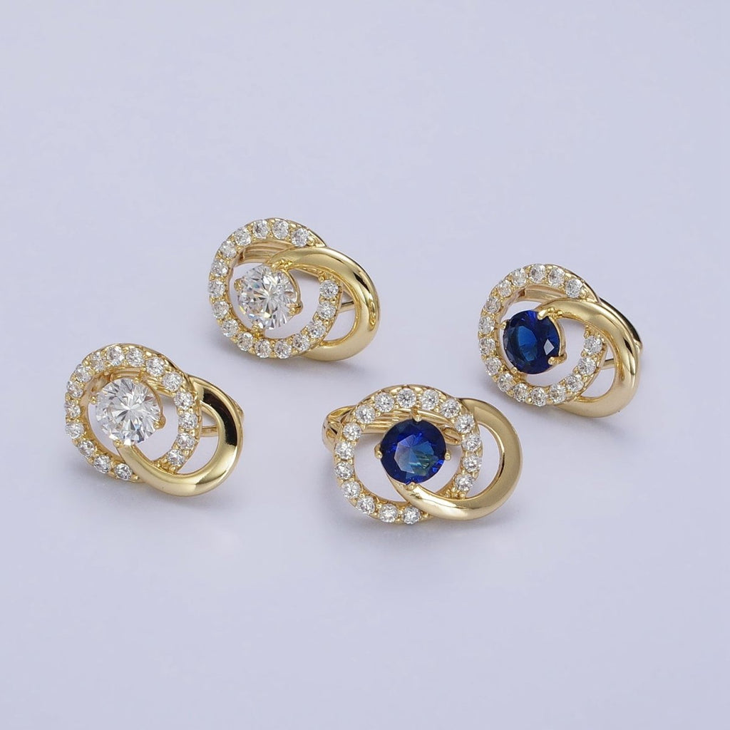 14K Gold plated Clear, Blue CZ Double Round Micro Paved Geometric Huggie Earrings | AD1459 AD1460