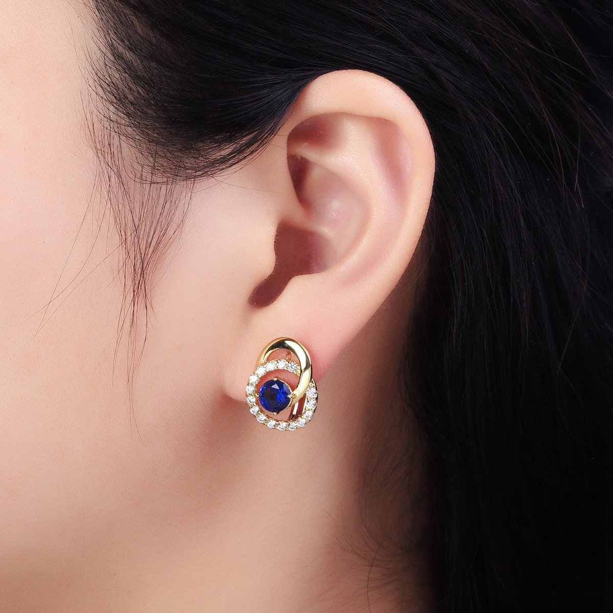 14K Gold plated Clear, Blue CZ Double Round Micro Paved Geometric Huggie Earrings | AD1459 AD1460