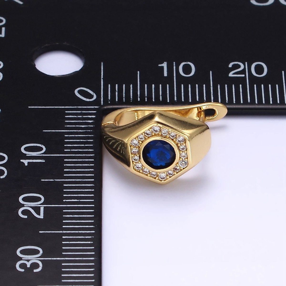14K Gold plated Clear, Blue CZ Micro Paved Hexagon English Lock Earrings | AB1178 AB1179