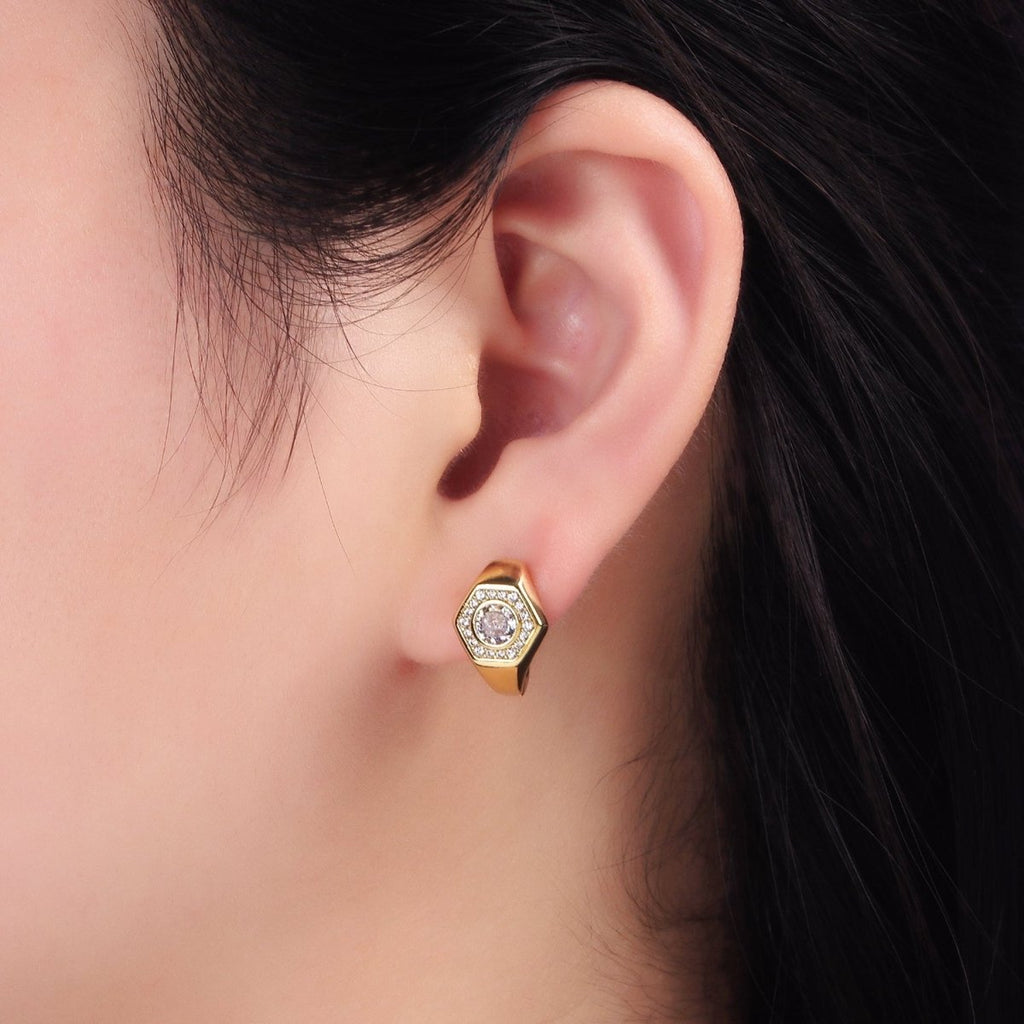 14K Gold plated Clear, Blue CZ Micro Paved Hexagon English Lock Earrings | AB1178 AB1179
