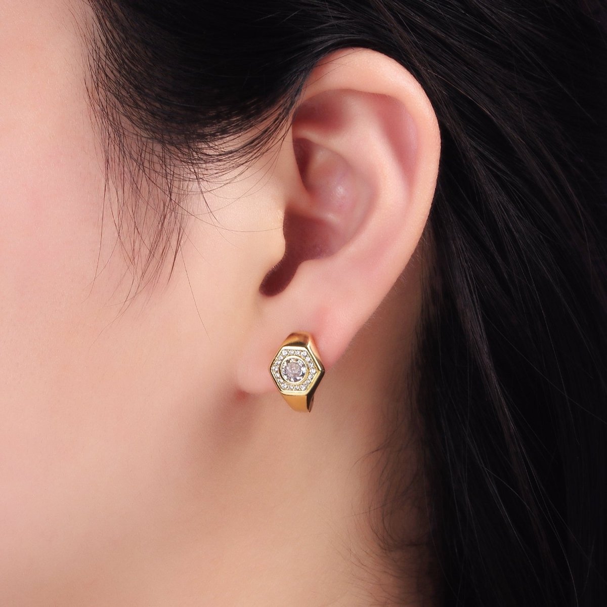 14K Gold plated Clear, Blue CZ Micro Paved Hexagon English Lock Earrings | AB1178 AB1179