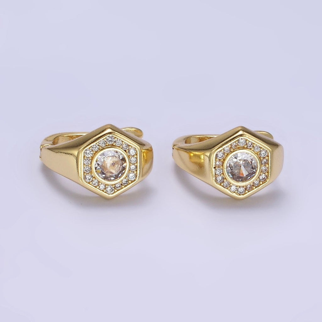 14K Gold plated Clear, Blue CZ Micro Paved Hexagon English Lock Earrings | AB1178 AB1179