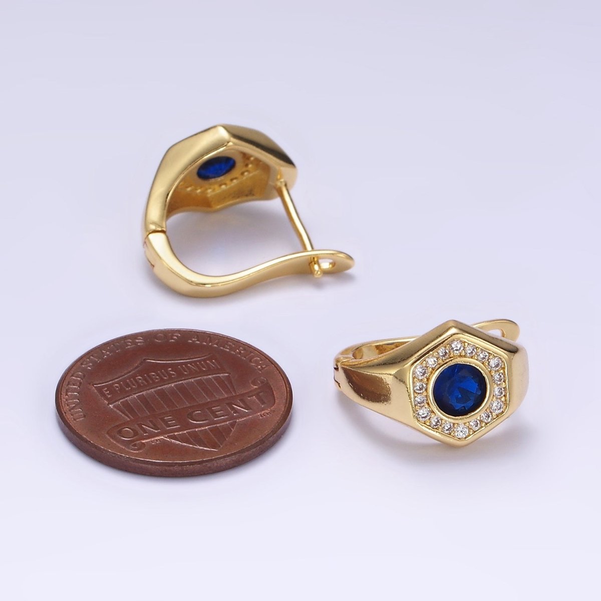 14K Gold plated Clear, Blue CZ Micro Paved Hexagon English Lock Earrings | AB1178 AB1179