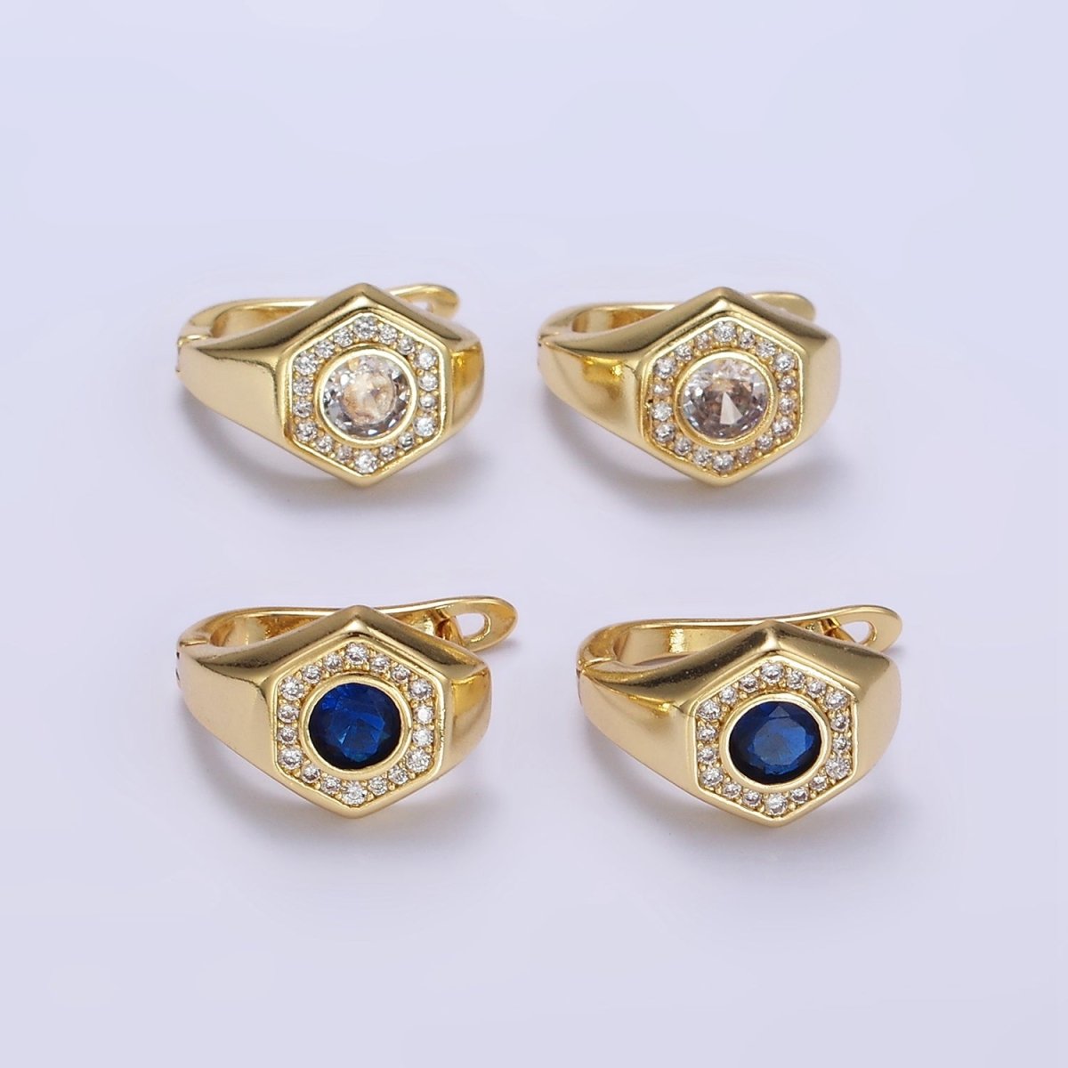 14K Gold plated Clear, Blue CZ Micro Paved Hexagon English Lock Earrings | AB1178 AB1179