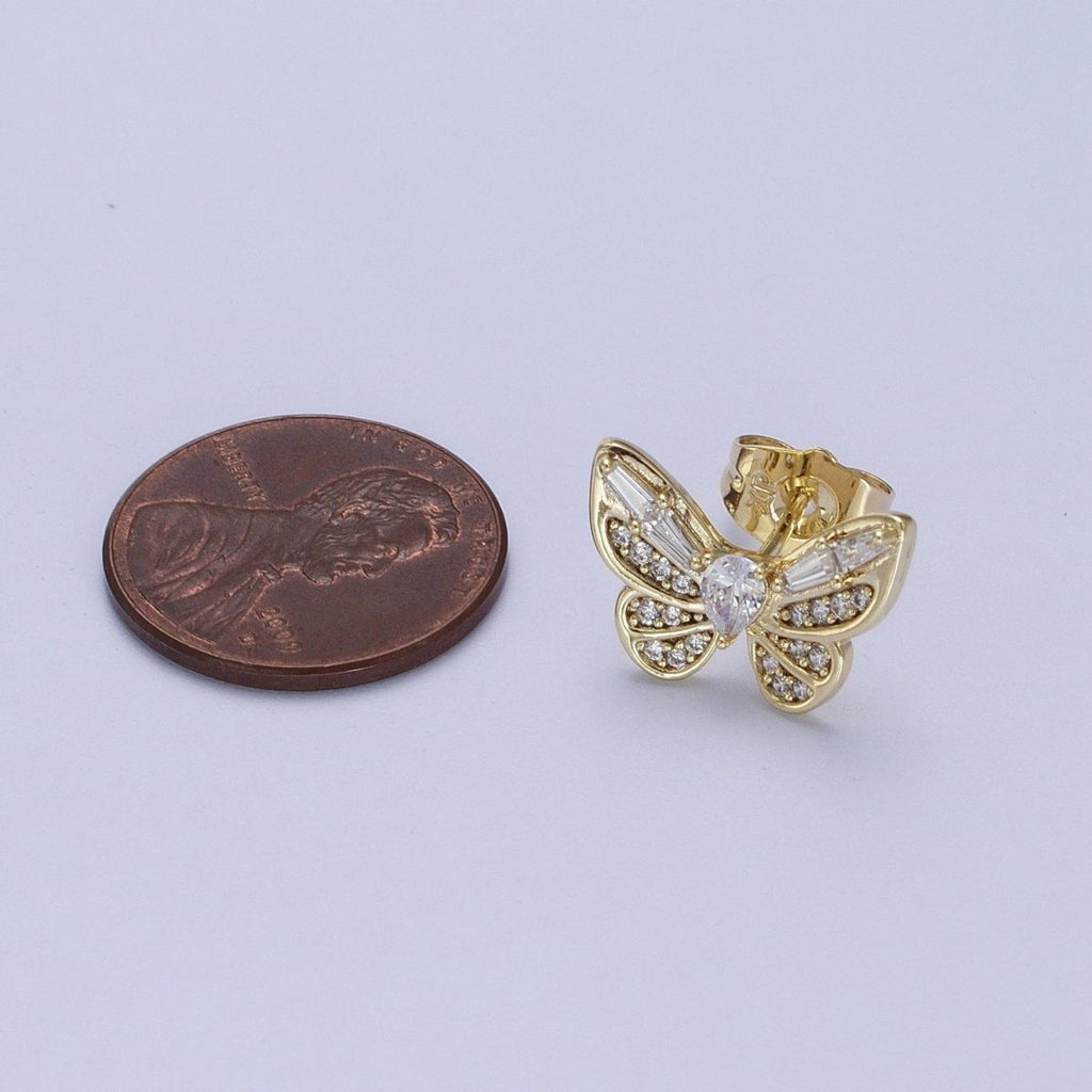 14K Gold plated Clear Butterfly Mariposa Baguette Micro Paved Stud Earrings | V-014 - DLUXCA