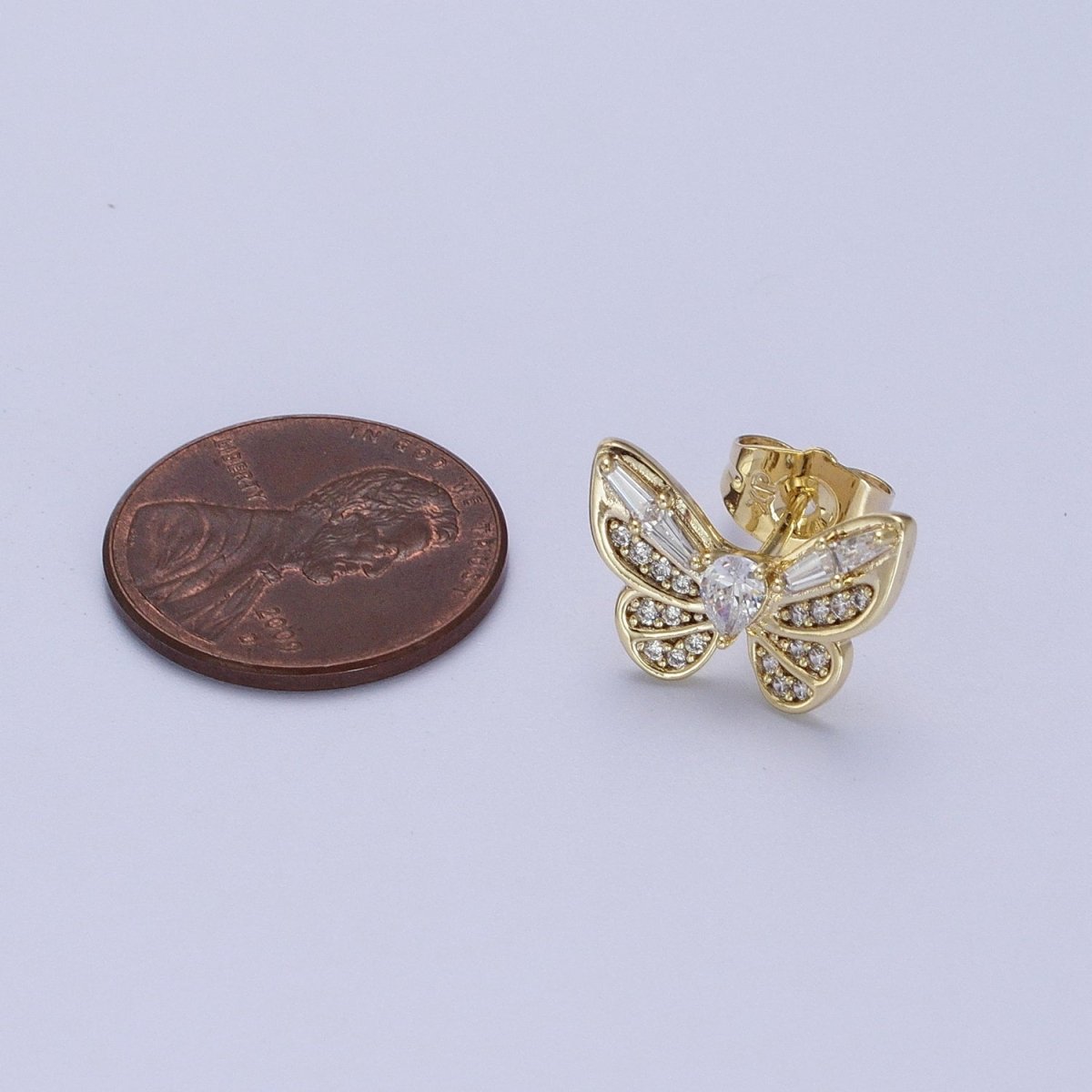 14K Gold plated Clear Butterfly Mariposa Baguette Micro Paved Stud Earrings | V-014 - DLUXCA