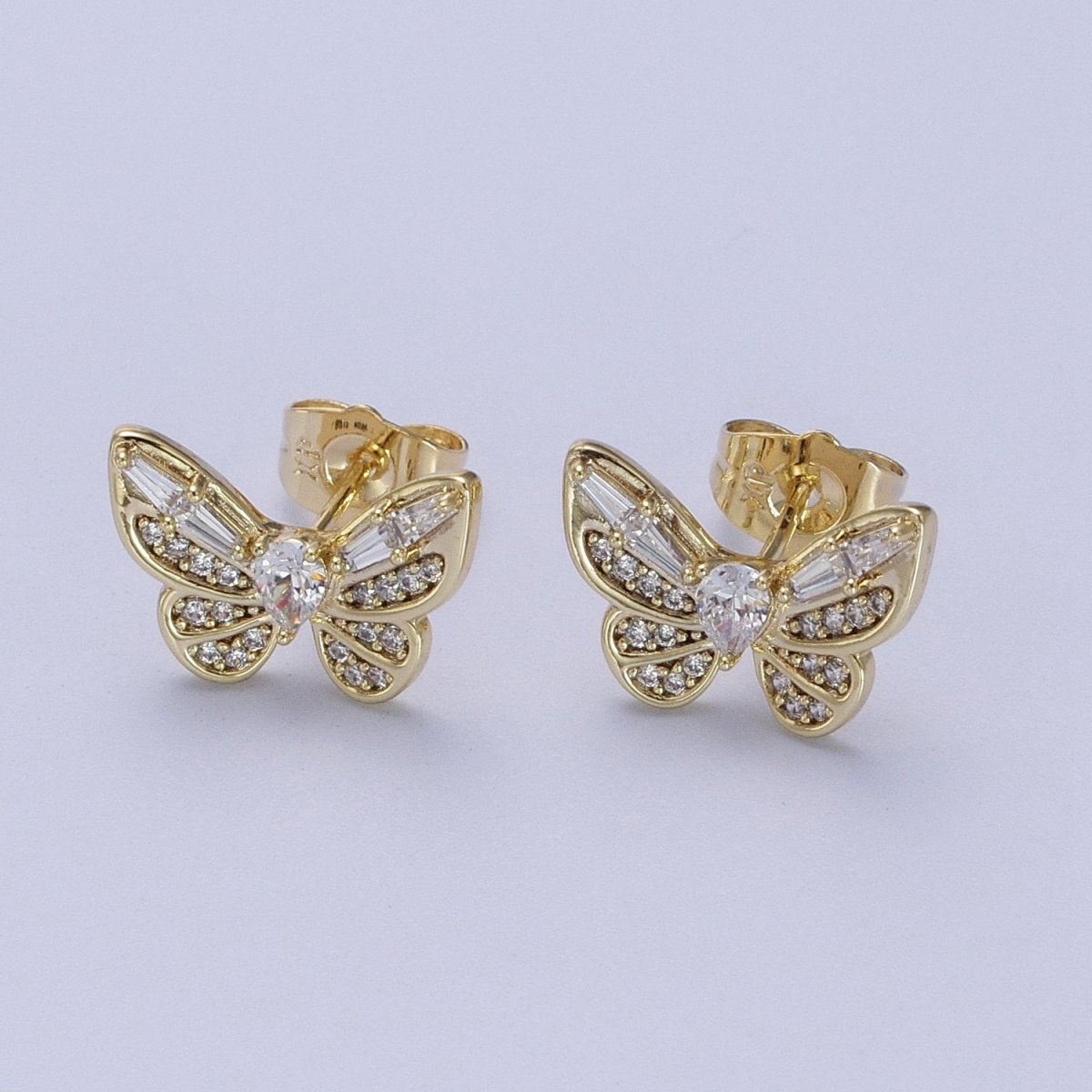 14K Gold plated Clear Butterfly Mariposa Baguette Micro Paved Stud Earrings | V-014 - DLUXCA