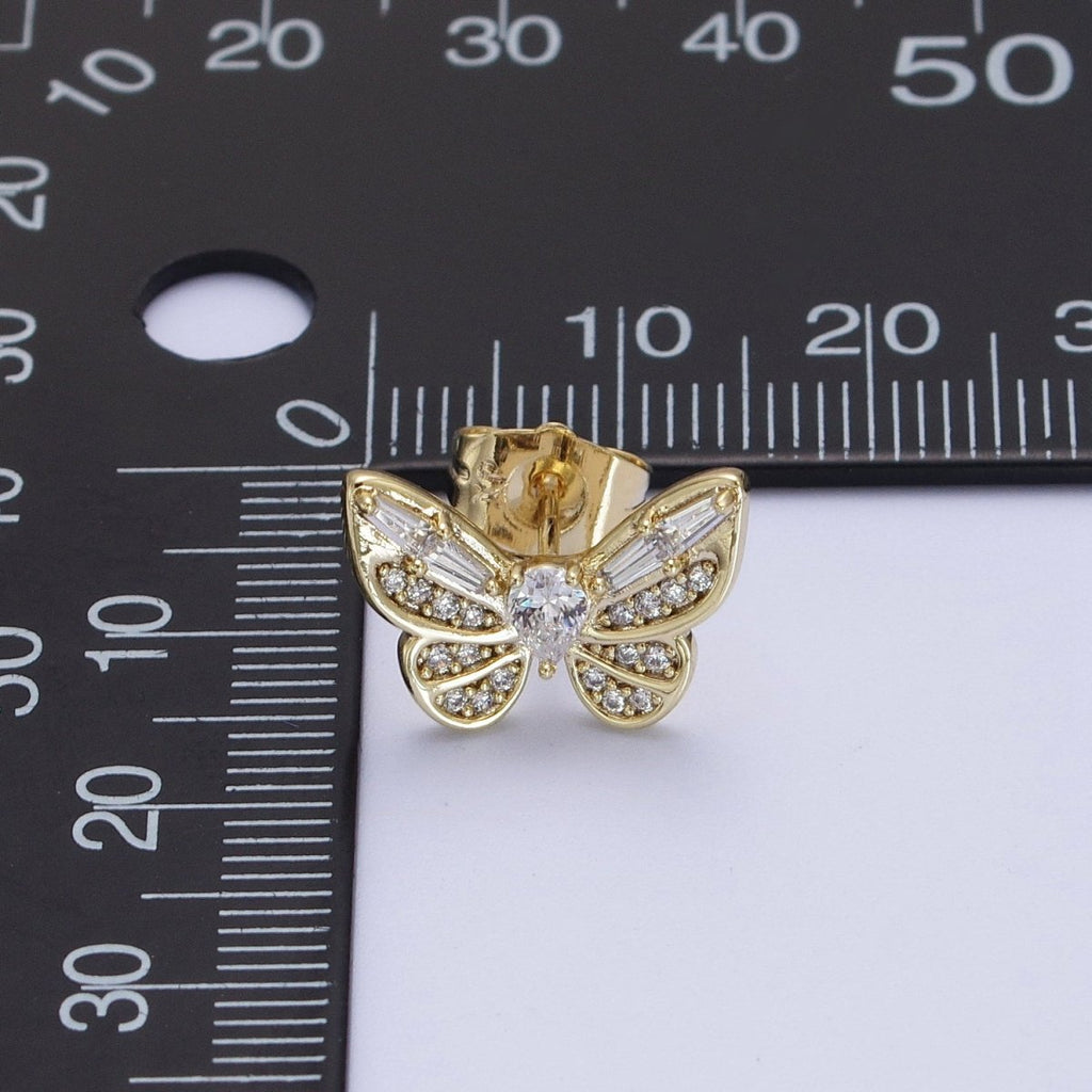 14K Gold plated Clear Butterfly Mariposa Baguette Micro Paved Stud Earrings | V-014 - DLUXCA