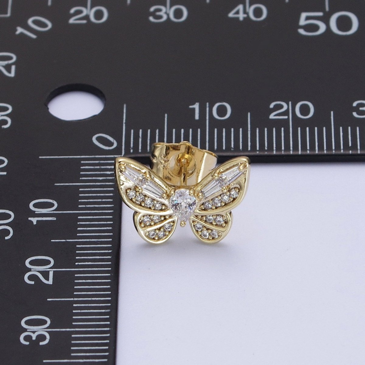 14K Gold plated Clear Butterfly Mariposa Baguette Micro Paved Stud Earrings | V-014 - DLUXCA