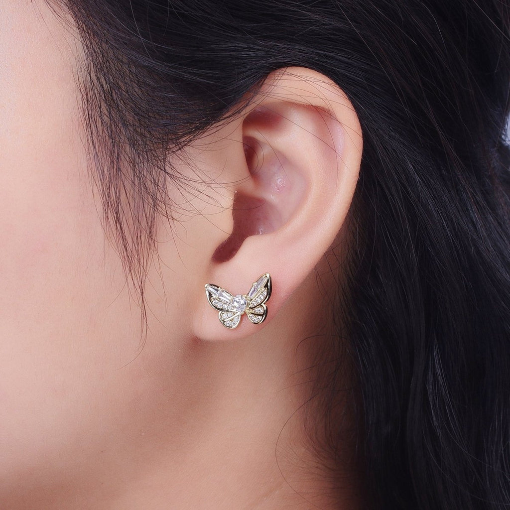 14K Gold plated Clear Butterfly Mariposa Baguette Micro Paved Stud Earrings | V-014 - DLUXCA