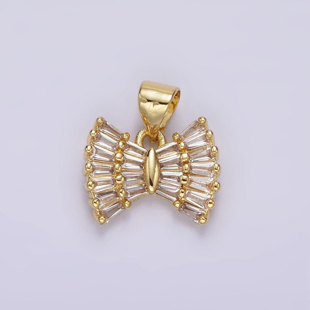 14K Gold plated Clear CZ Baguette Bow Ribbon Pendant | N1969 - DLUXCA