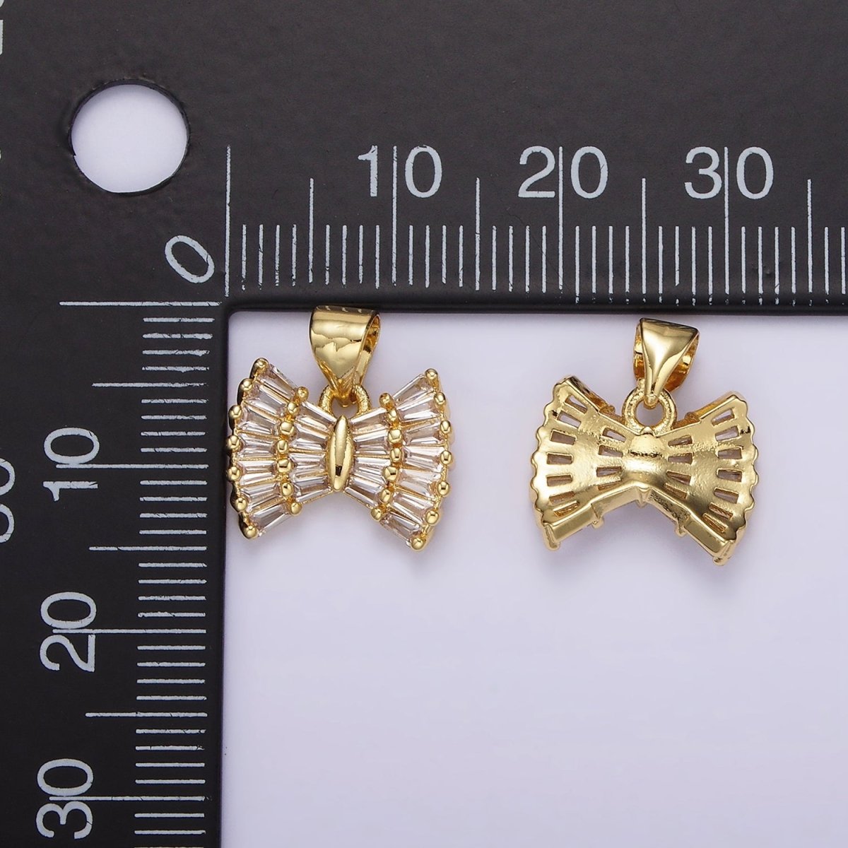 14K Gold plated Clear CZ Baguette Bow Ribbon Pendant | N1969 - DLUXCA
