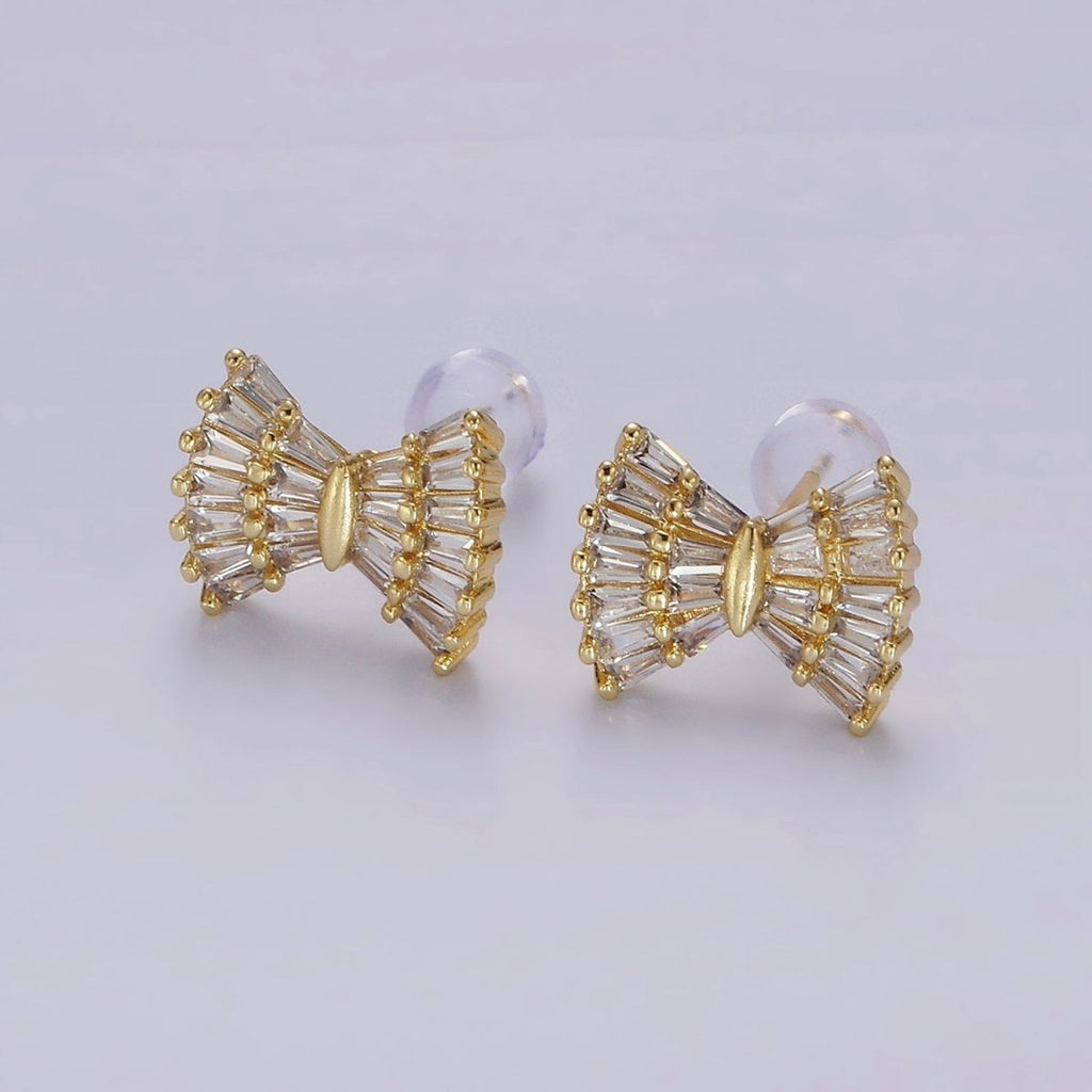 14K Gold plated Clear CZ Baguette Bow Ribbon Stud Earrings | AE138 - DLUXCA
