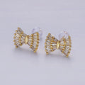 14K Gold plated Clear CZ Baguette Bow Ribbon Stud Earrings | AE138 - DLUXCA
