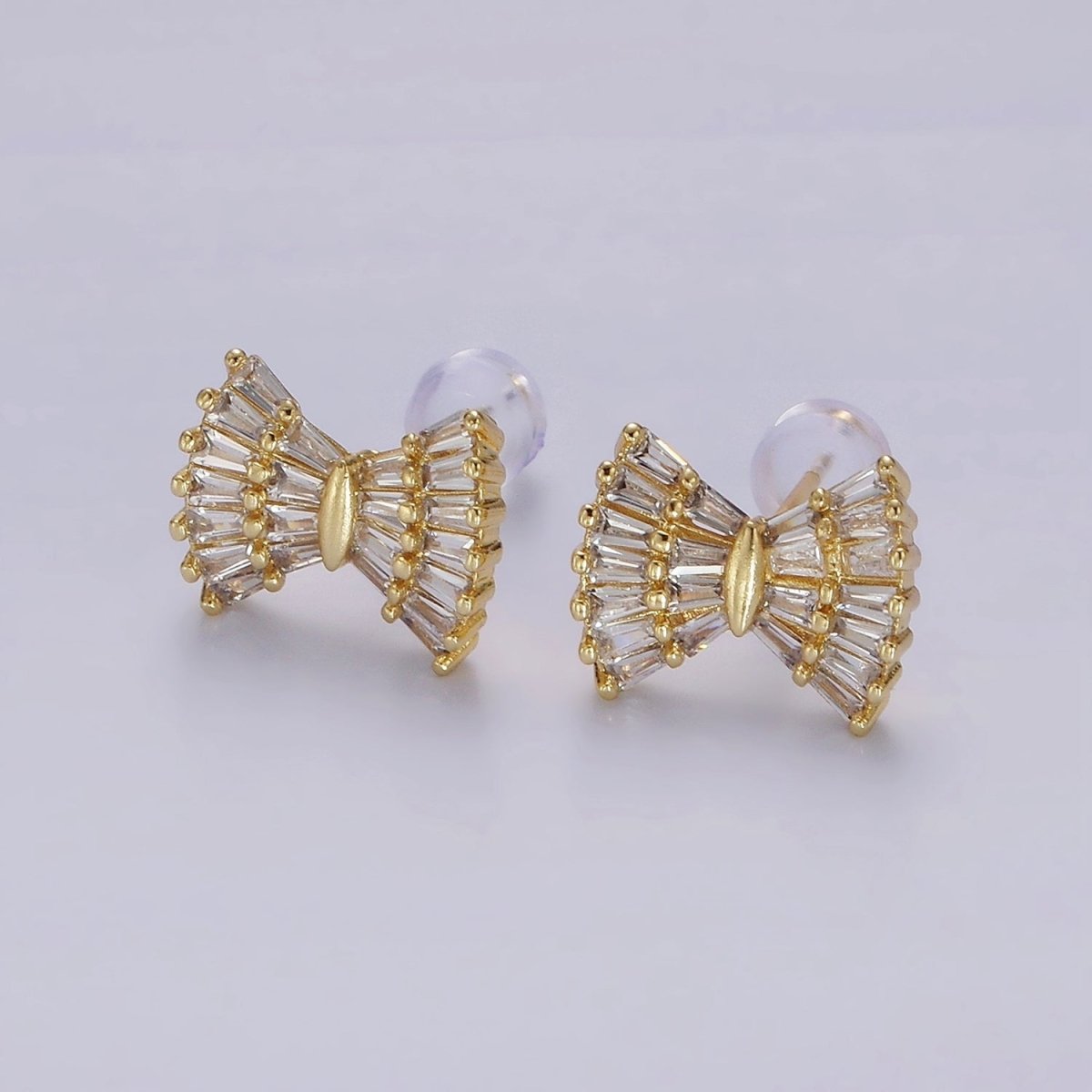 14K Gold plated Clear CZ Baguette Bow Ribbon Stud Earrings | AE138 - DLUXCA