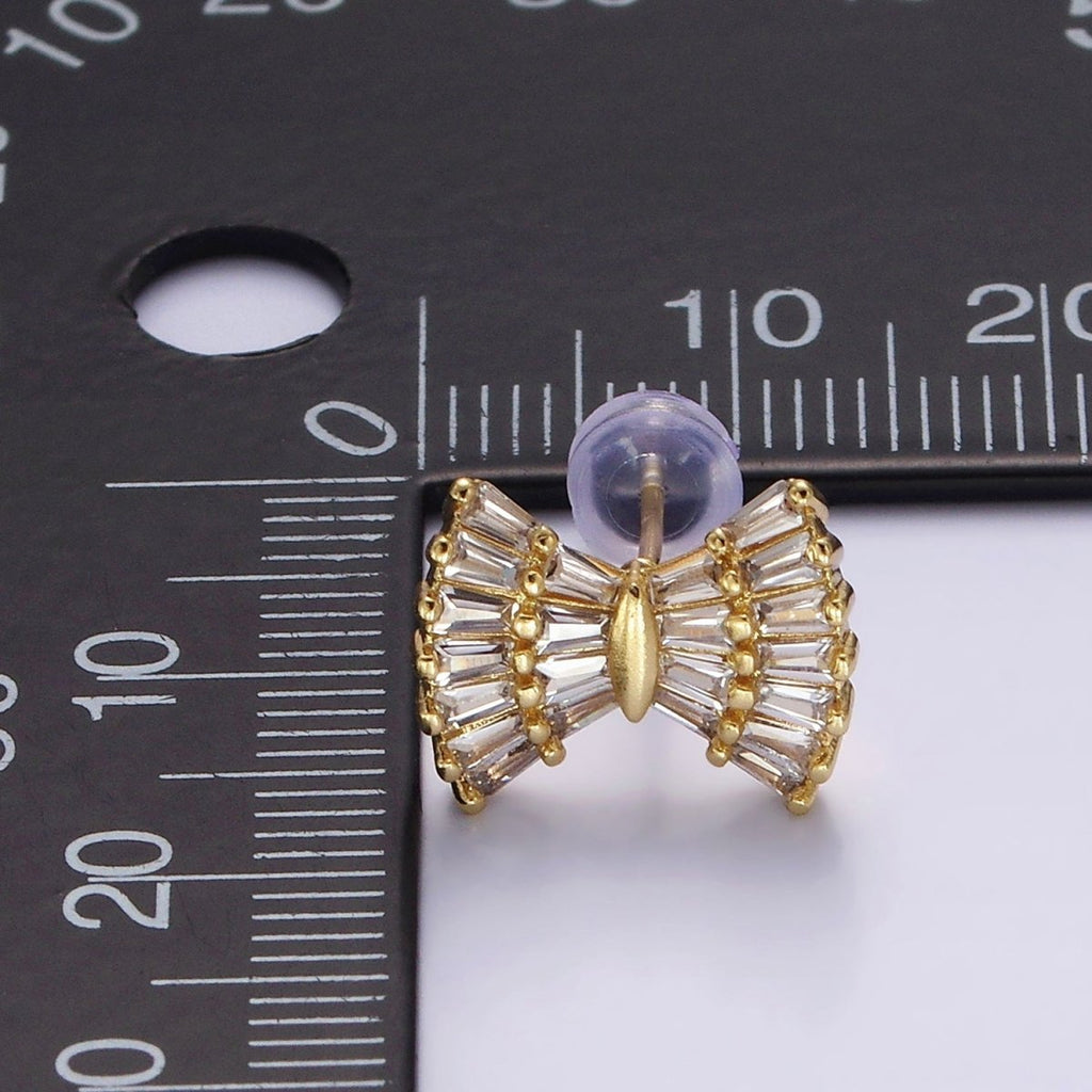 14K Gold plated Clear CZ Baguette Bow Ribbon Stud Earrings | AE138 - DLUXCA