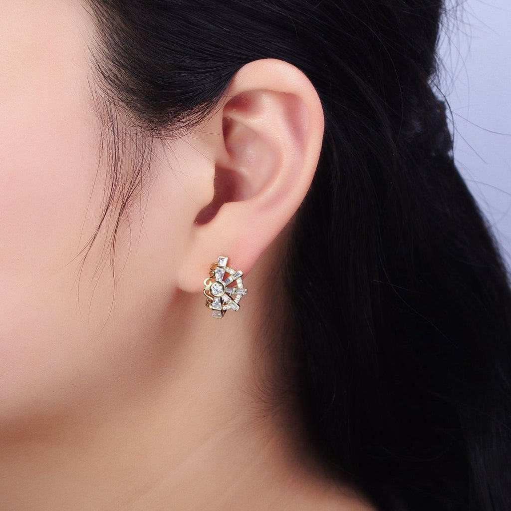 14K Gold plated Clear CZ Baguette S Lined Geometric Huggie Earrings | AD1385 - DLUXCA