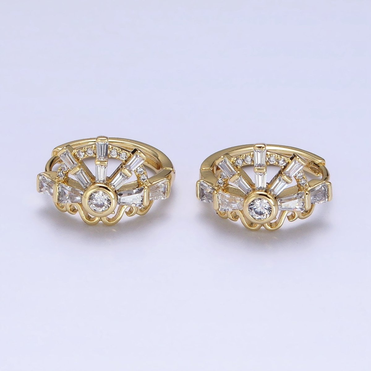 14K Gold plated Clear CZ Baguette S Lined Geometric Huggie Earrings | AD1385 - DLUXCA
