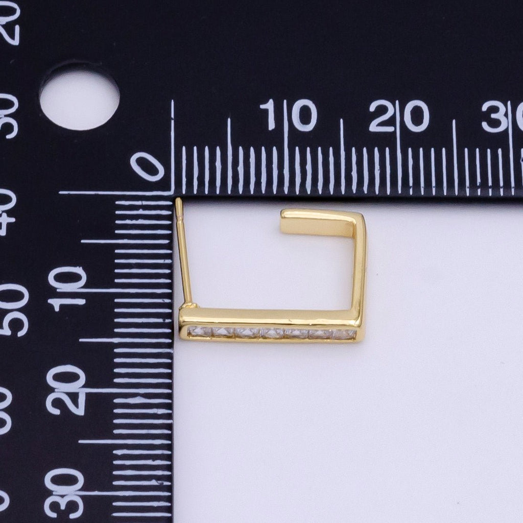 14K Gold plated Clear CZ Baguette Square Lined J-Shaped Hoop Earrings | AE196 - DLUXCA