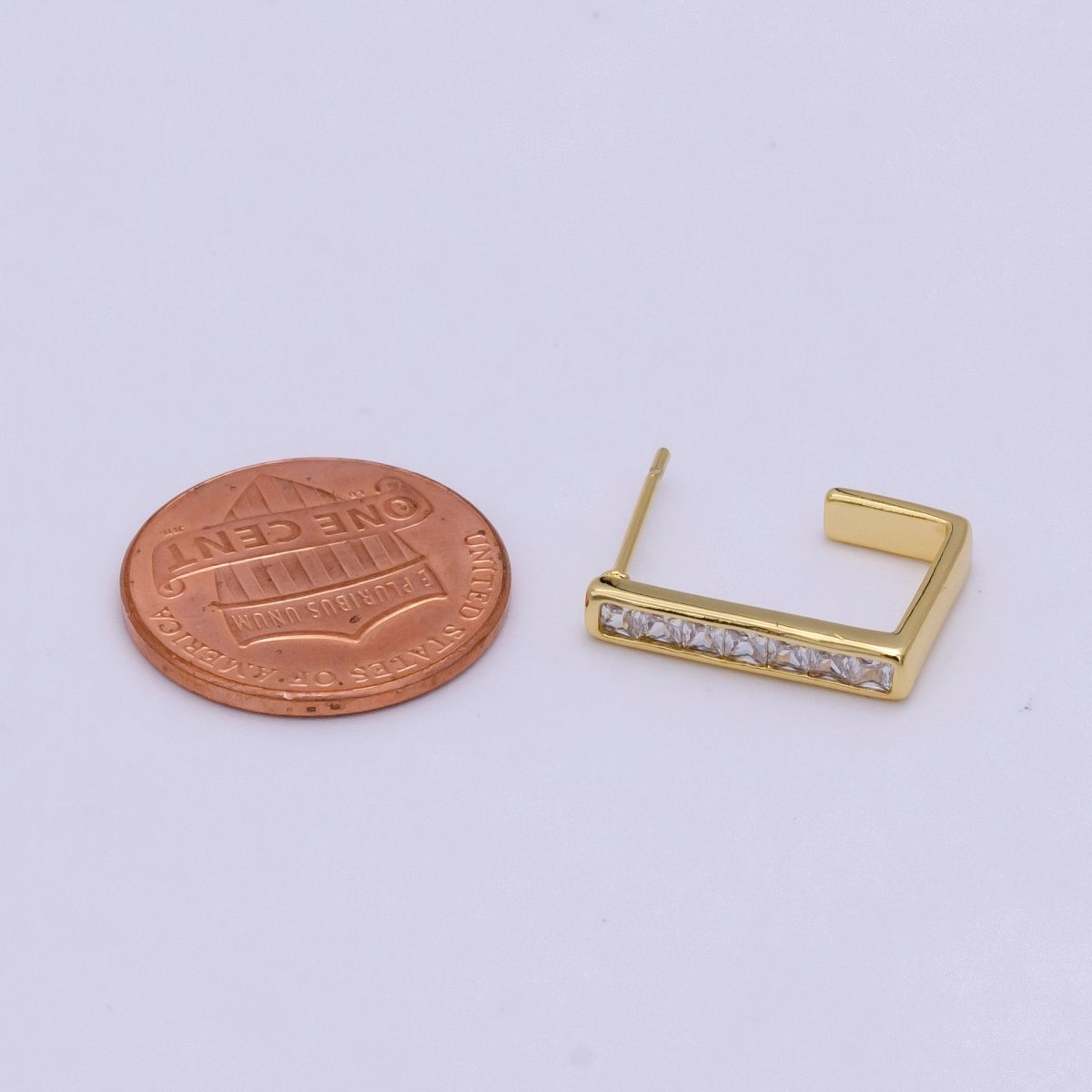 14K Gold plated Clear CZ Baguette Square Lined J-Shaped Hoop Earrings | AE196 - DLUXCA