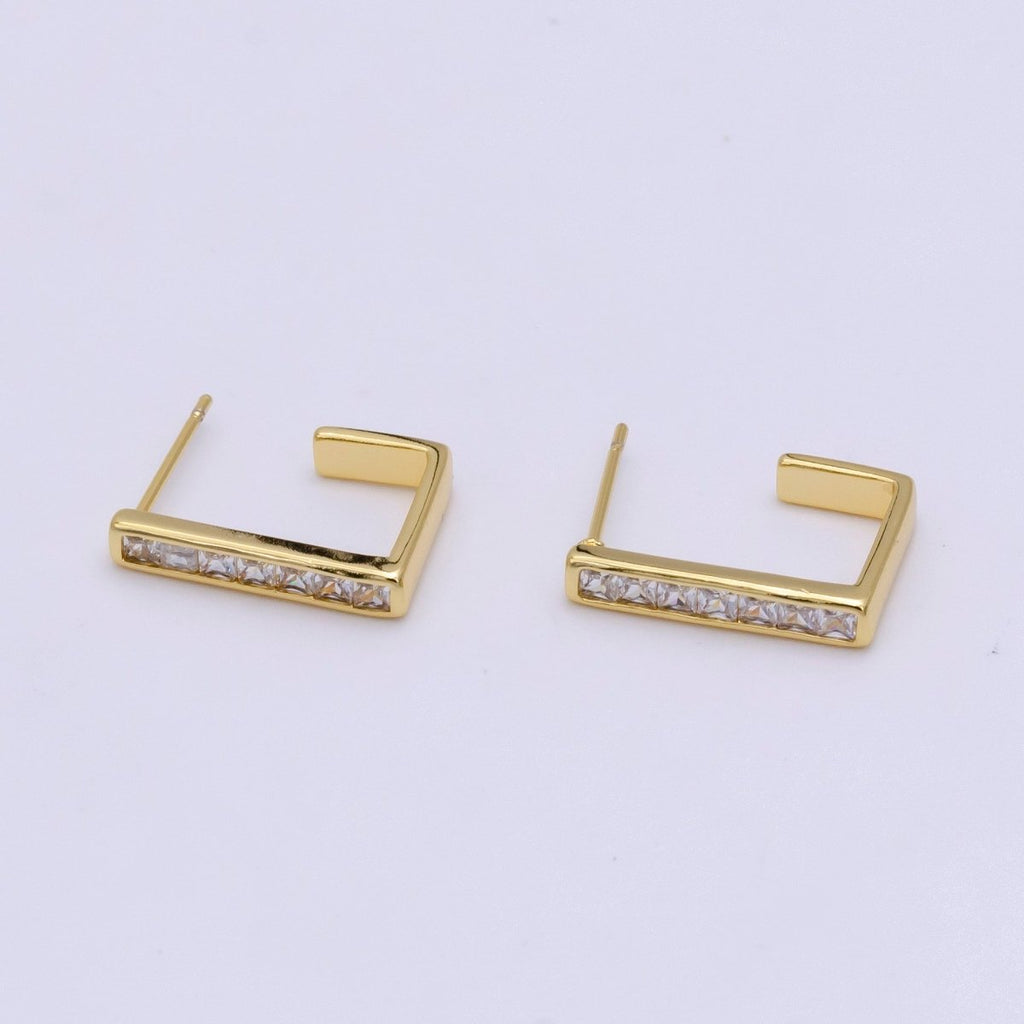 14K Gold plated Clear CZ Baguette Square Lined J-Shaped Hoop Earrings | AE196 - DLUXCA