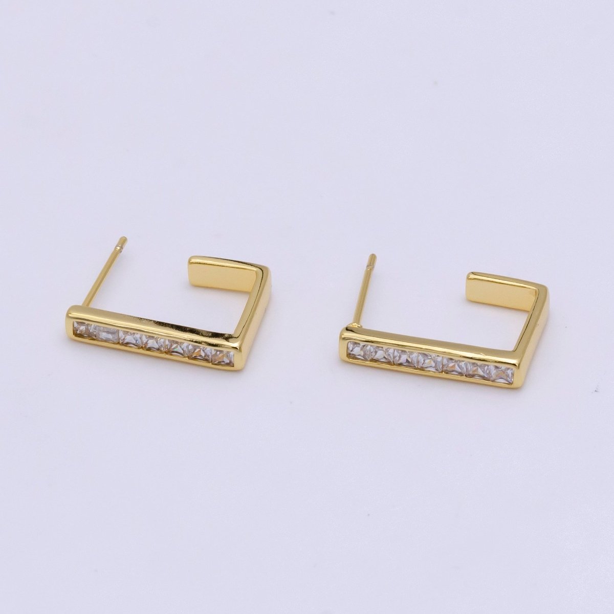 14K Gold plated Clear CZ Baguette Square Lined J-Shaped Hoop Earrings | AE196 - DLUXCA