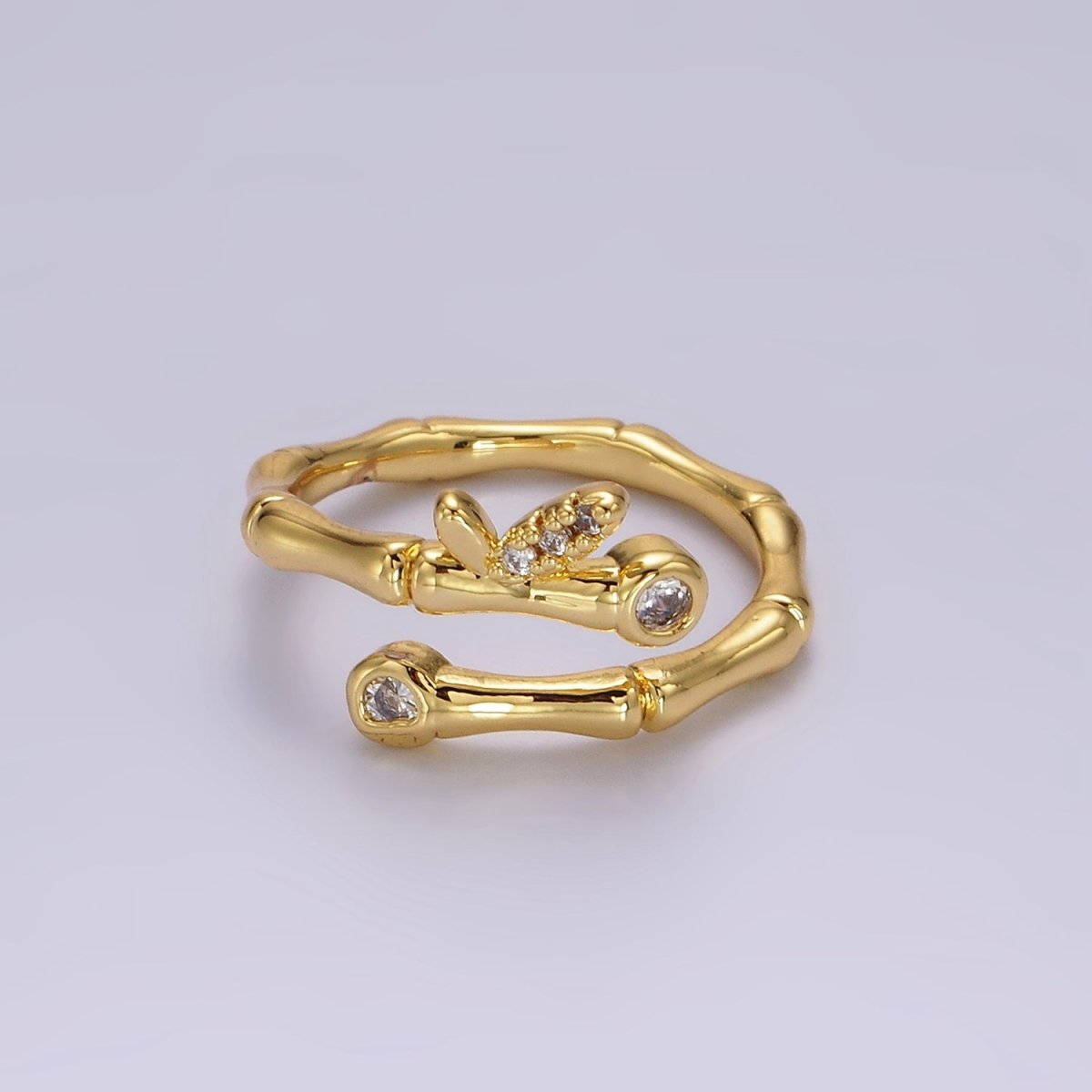 14K Gold plated Clear CZ Bamboo Leaf Nature Wrap Ring | O1169 - DLUXCA