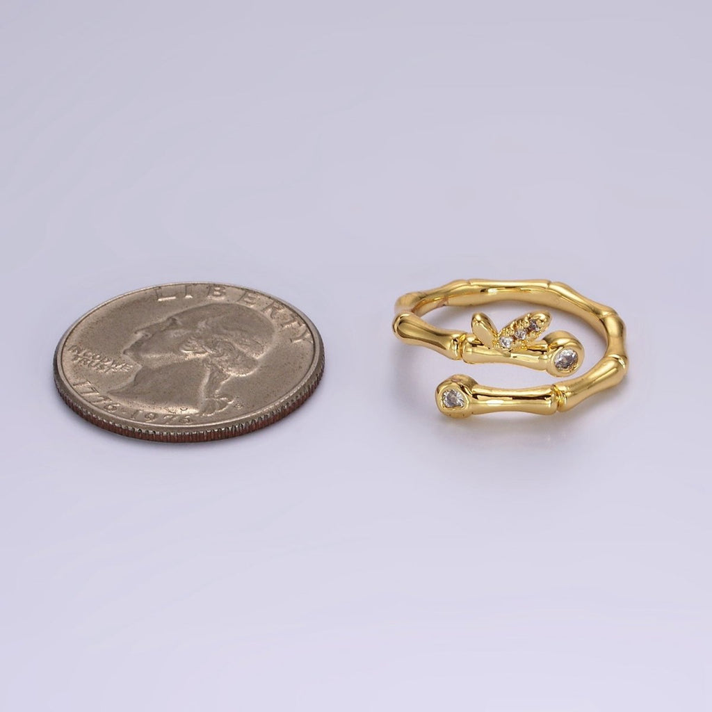 14K Gold plated Clear CZ Bamboo Leaf Nature Wrap Ring | O1169 - DLUXCA
