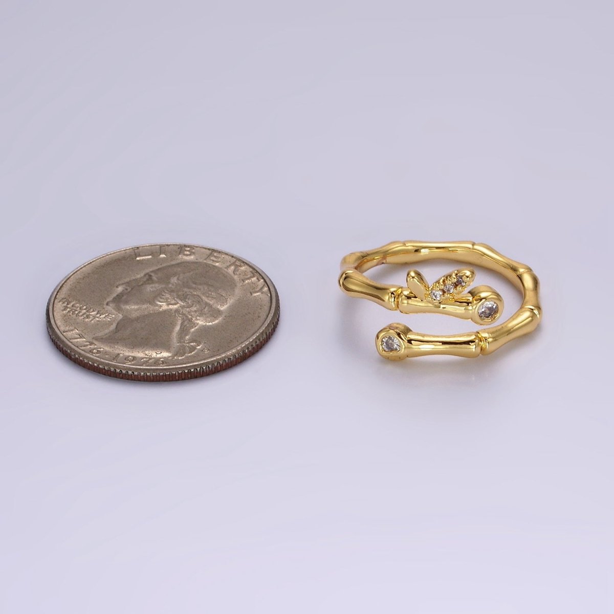 14K Gold plated Clear CZ Bamboo Leaf Nature Wrap Ring | O1169 - DLUXCA