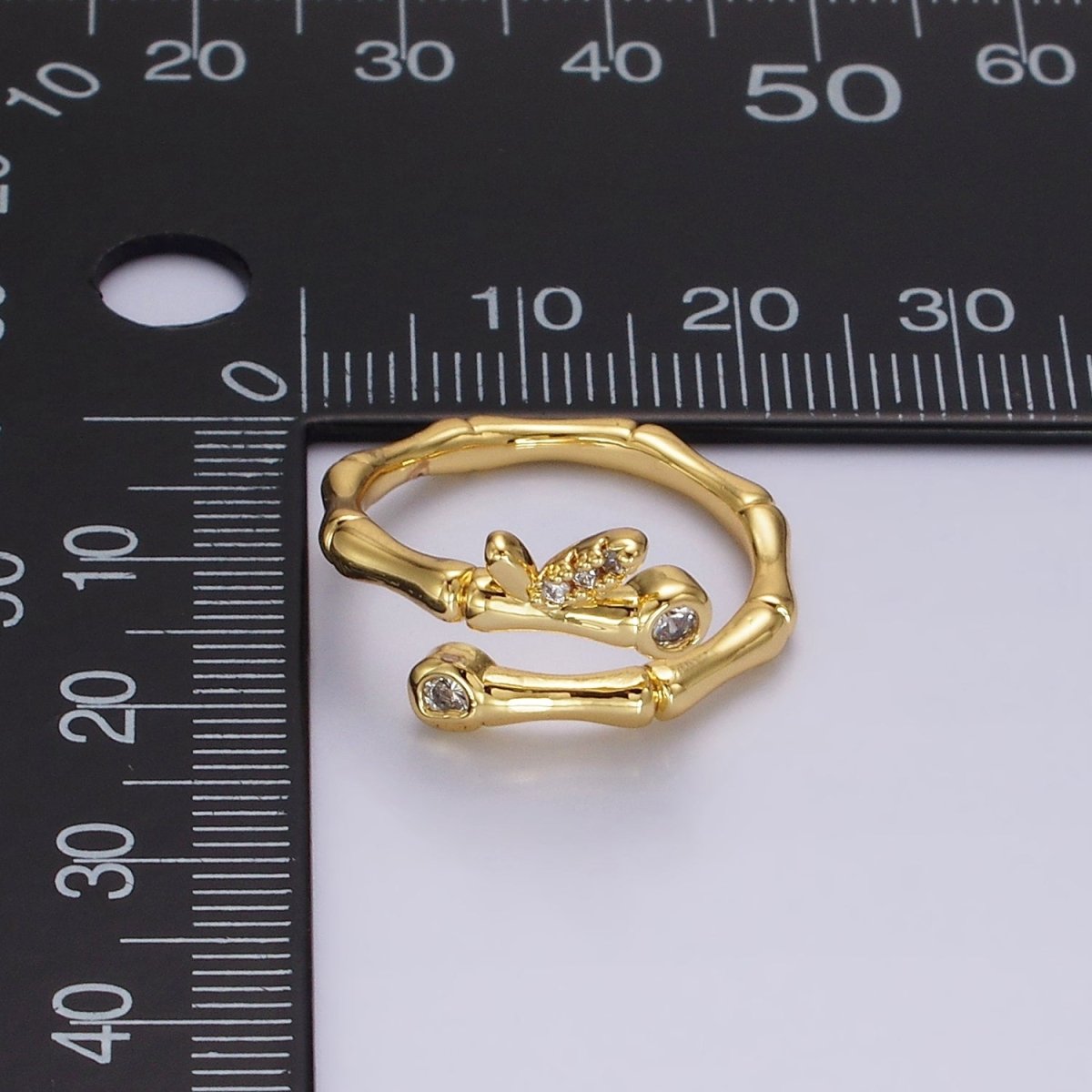 14K Gold plated Clear CZ Bamboo Leaf Nature Wrap Ring | O1169 - DLUXCA