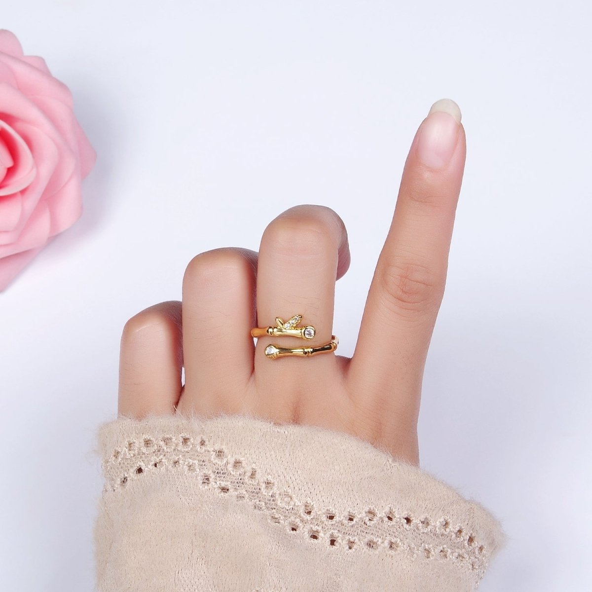 14K Gold plated Clear CZ Bamboo Leaf Nature Wrap Ring | O1169 - DLUXCA