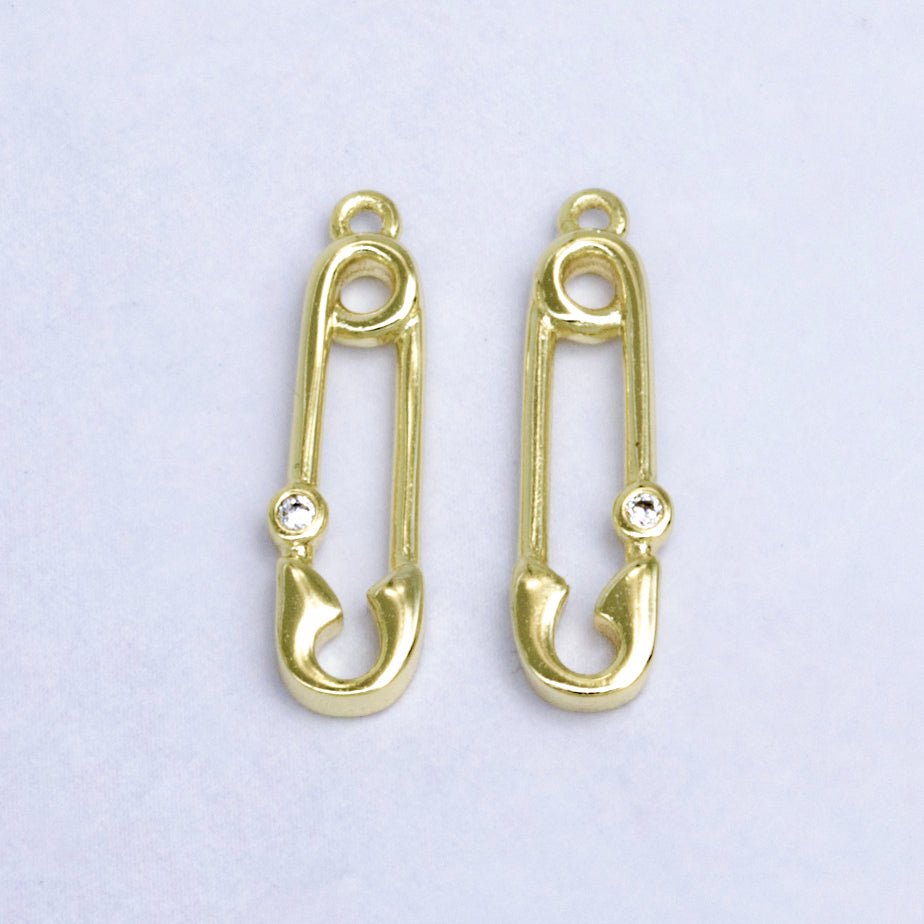 14K Gold plated Clear CZ Bezel Safety Pin Charm | W268 